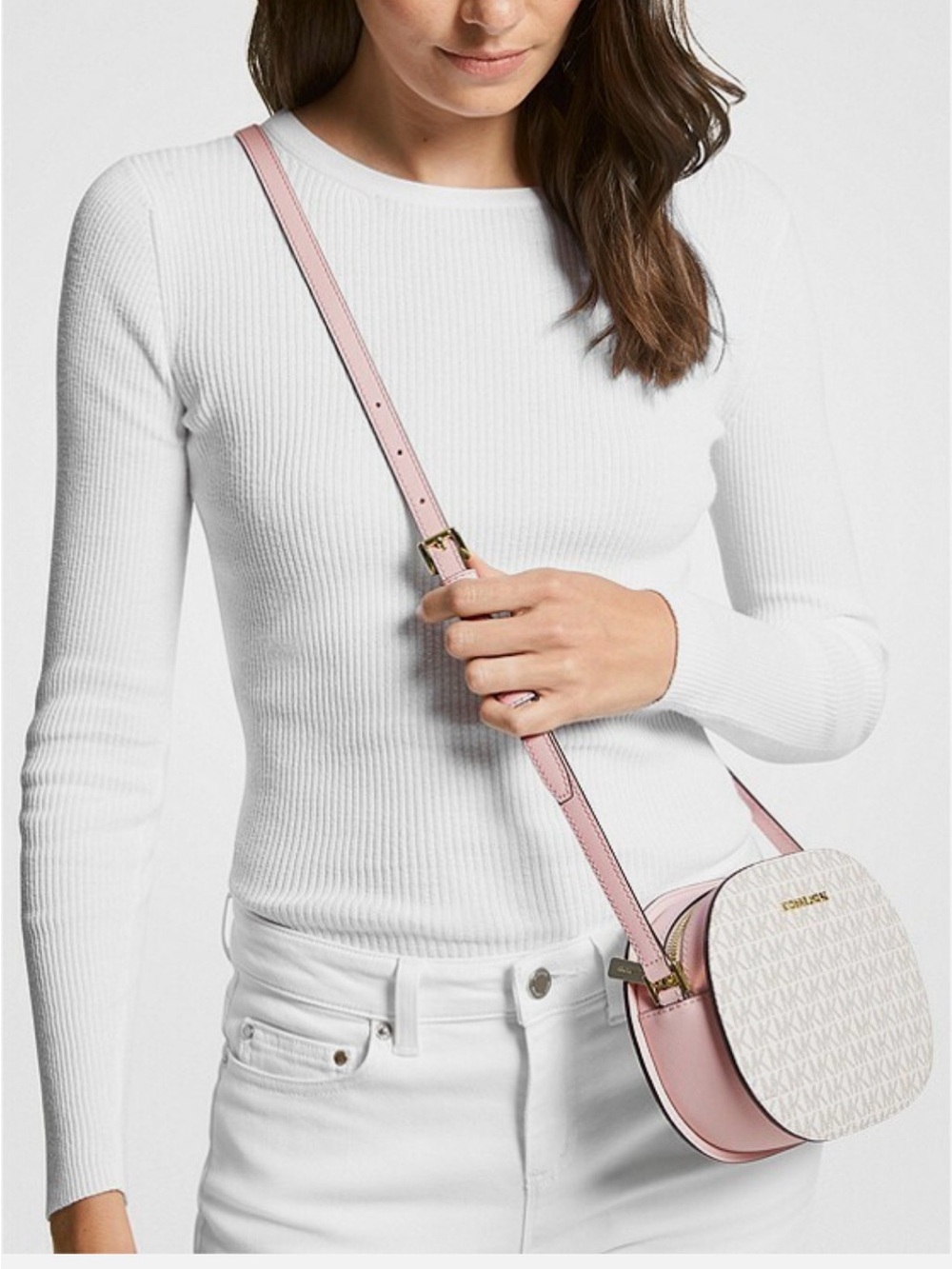 Michael Kors Pink and White Signature Round Crossbody